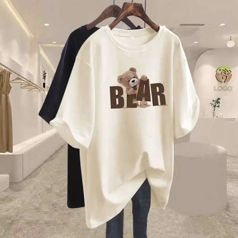 Women’s summer chic letter printing bear T-shirt with O-neck, short sleeves, and loose fit