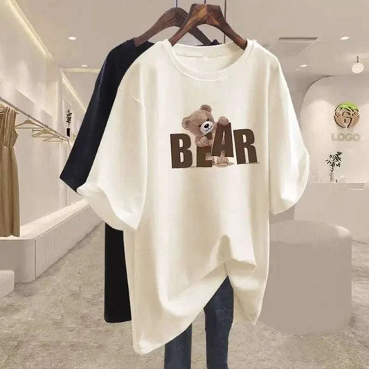 Women’s summer chic letter printing bear T-shirt with O-neck, short sleeves, and loose fit