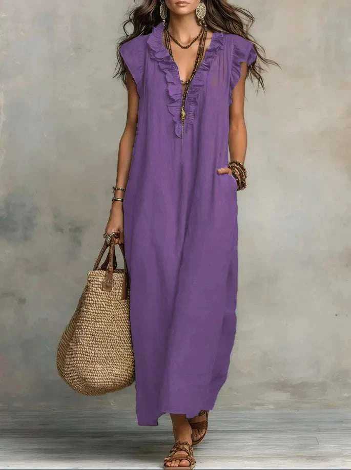 Women's Retro Bohemian Ruffle Linen Maxi Dress, Ruffle V-Neck SleeveleThe Plug