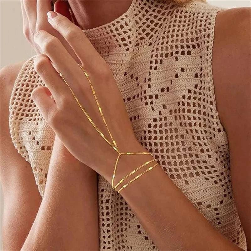 Multilayer vintage connected finger ring bracelets with thin link chain for women handcrafted fashion jewelry gift