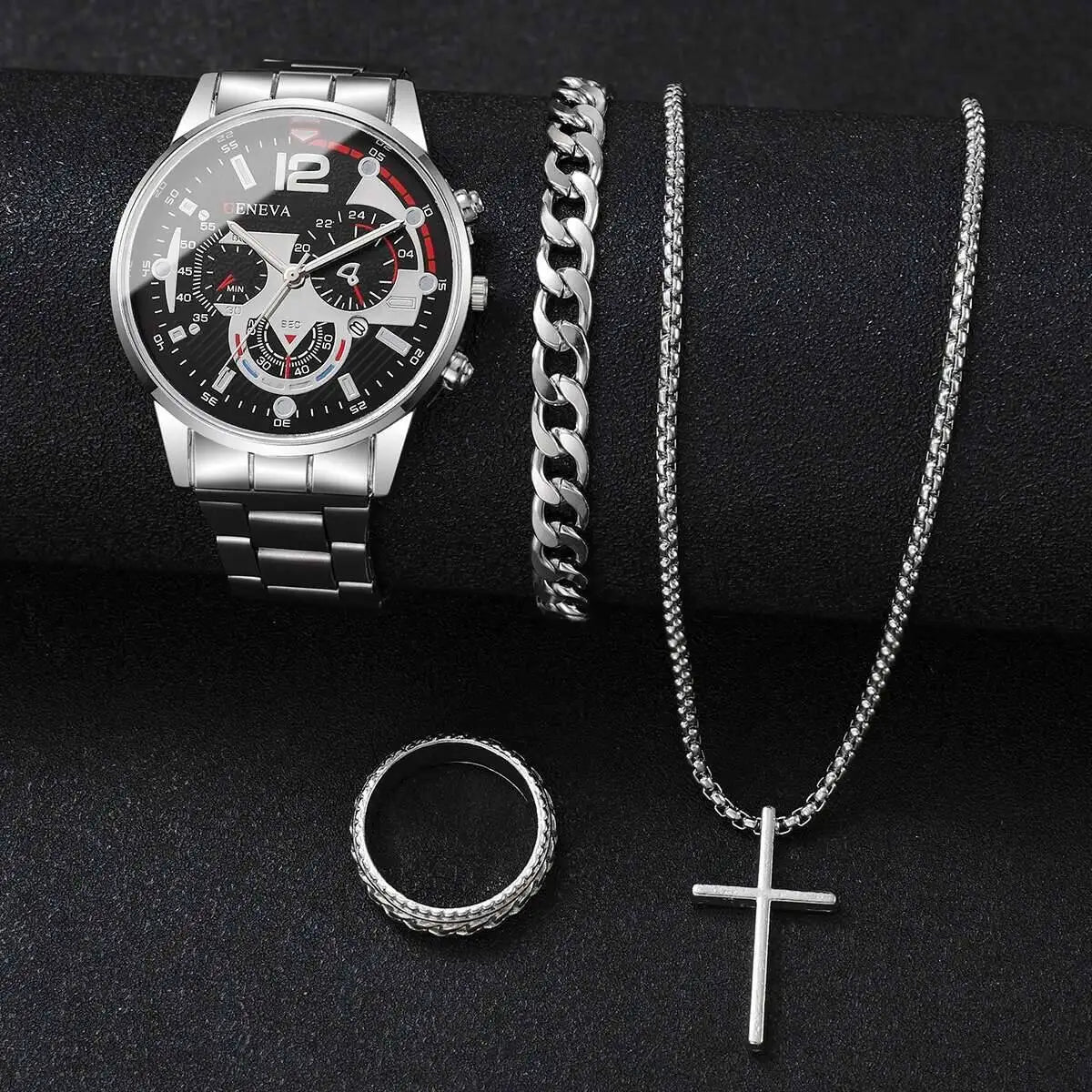 Men's 4pc Fashion Quartz Watch & Jewelry Set – Necklace, Bracelet & Ring