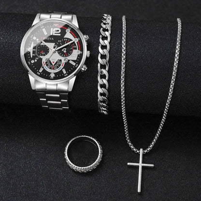 Men's 4pc Fashion Quartz Watch & Jewelry Set – Necklace, Bracelet & Ring