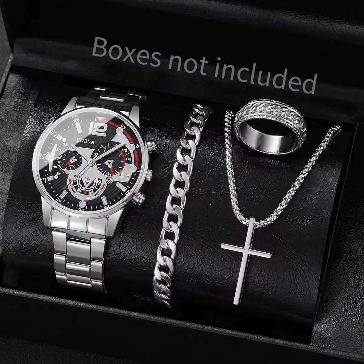 Men's 4pc Fashion Quartz Watch & Jewelry Set – Necklace, Bracelet & Ring