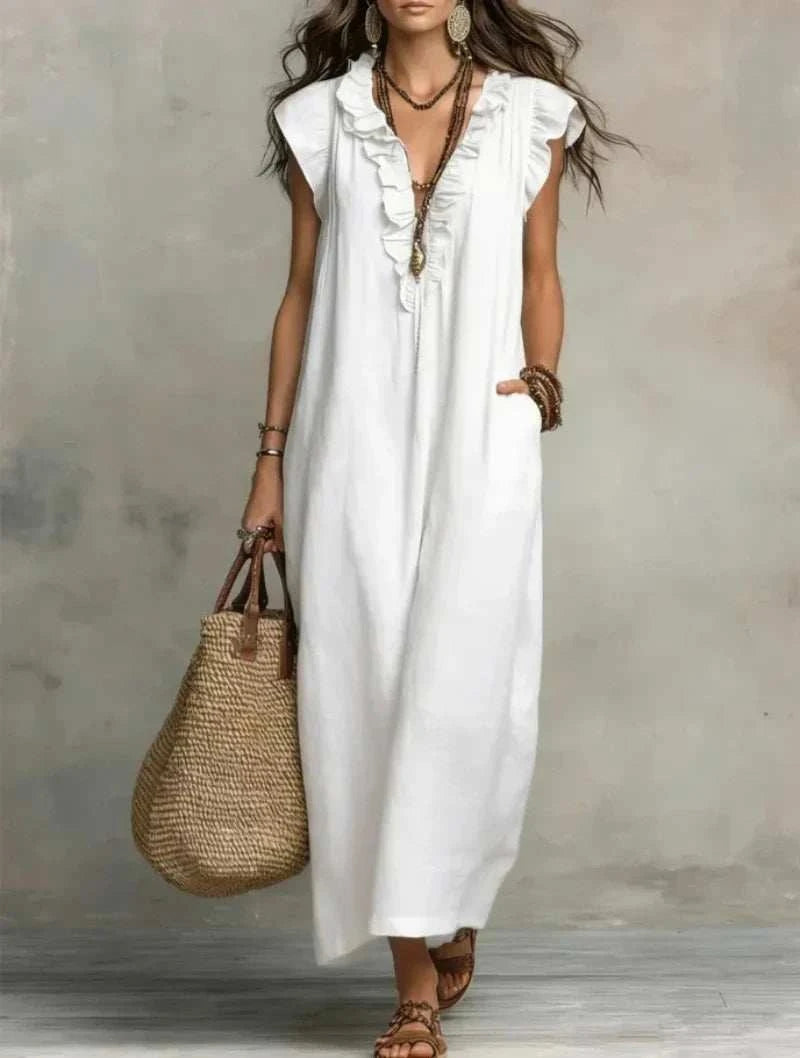 Women’s retro bohemian ruffle linen maxi dress with V-neck, flutter sleeves, loose fit, and pockets