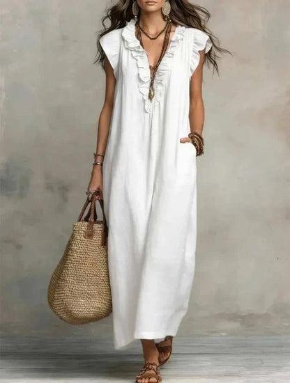 Women’s retro bohemian ruffle linen maxi dress with V-neck, flutter sleeves, loose fit, and pockets