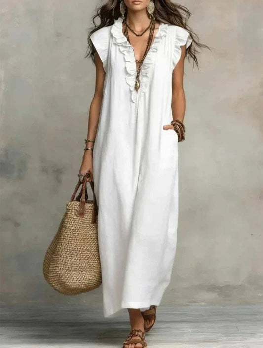Women’s retro bohemian ruffle linen maxi dress with V-neck, flutter sleeves, loose fit, and pockets
