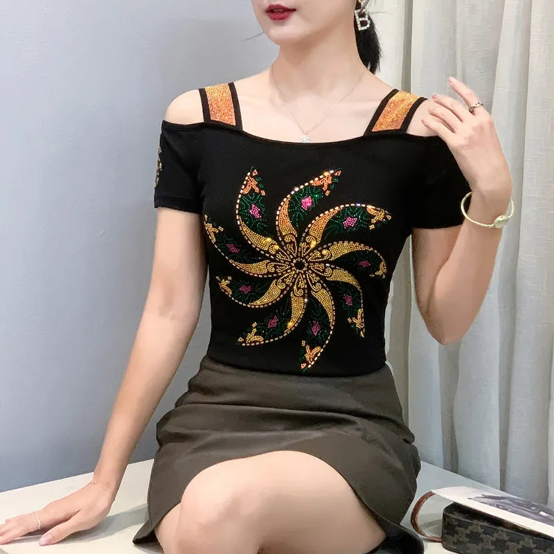 Streetwear Summer Women's Clothes T-Shirts Chic Flower Hot Diamonds Luxury Tees Sexy Girl Off Shoulder Slim Brand Tops