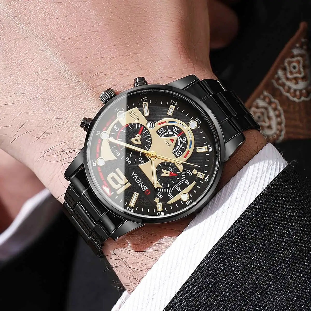 Men's 4pc Fashion Quartz Watch & Jewelry Set – Necklace, Bracelet & Ring