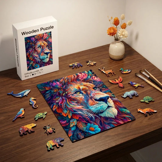 Colorful Floral Lion Wooden Jigsaw Puzzle, Unique Irregular Animal ShaThe Plug