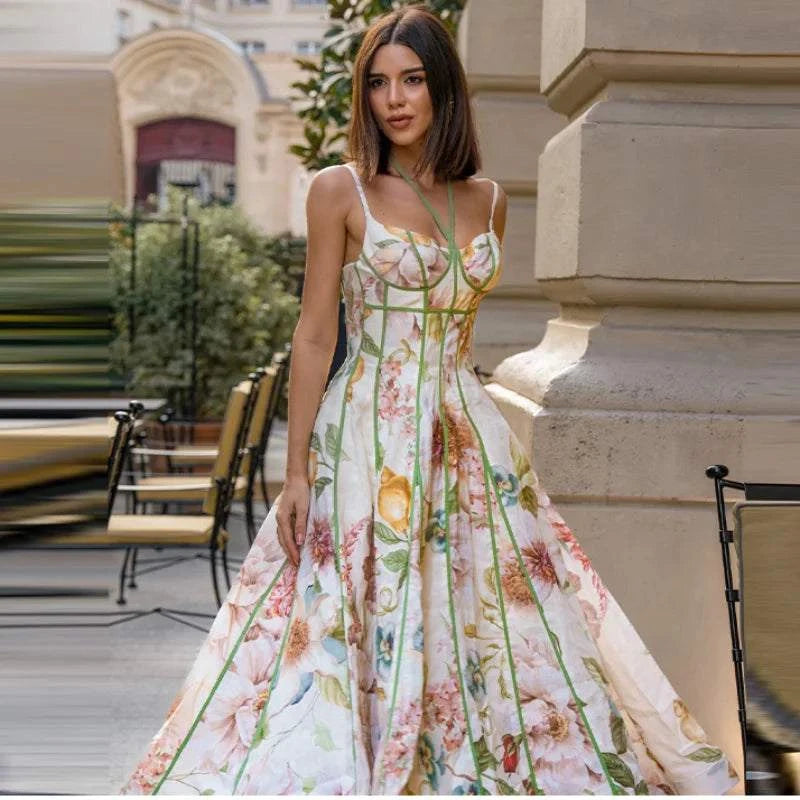 Boho Printed Women's Summer Holiday Halter Long Dress Waist Cinched PlThe Plug