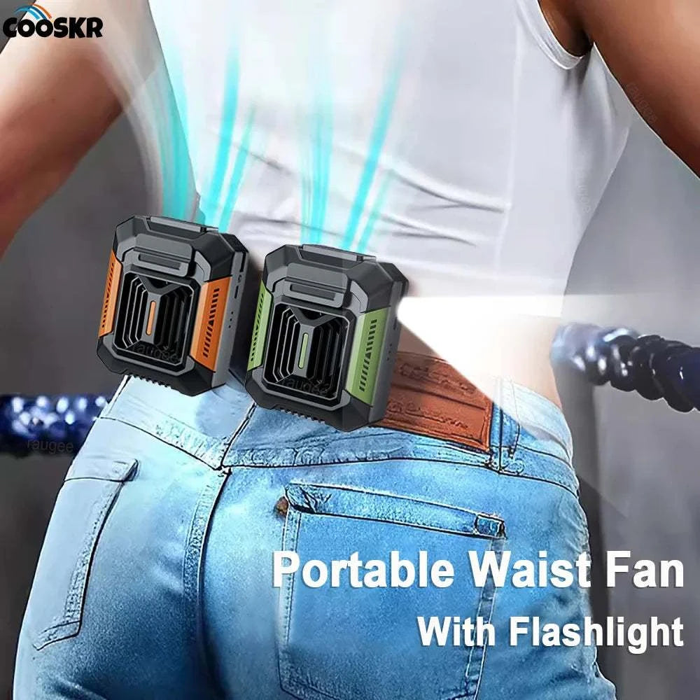 portable waist fan mini rechargeable with 4000mAh power bank and LED light for outdoor sports and work