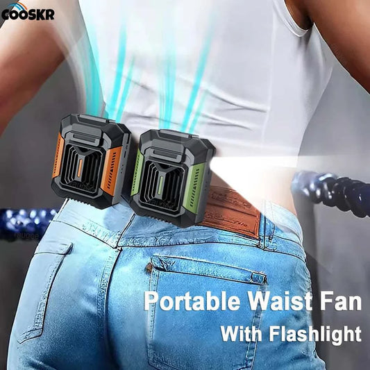 portable waist fan mini rechargeable with 4000mAh power bank and LED light for outdoor sports and work