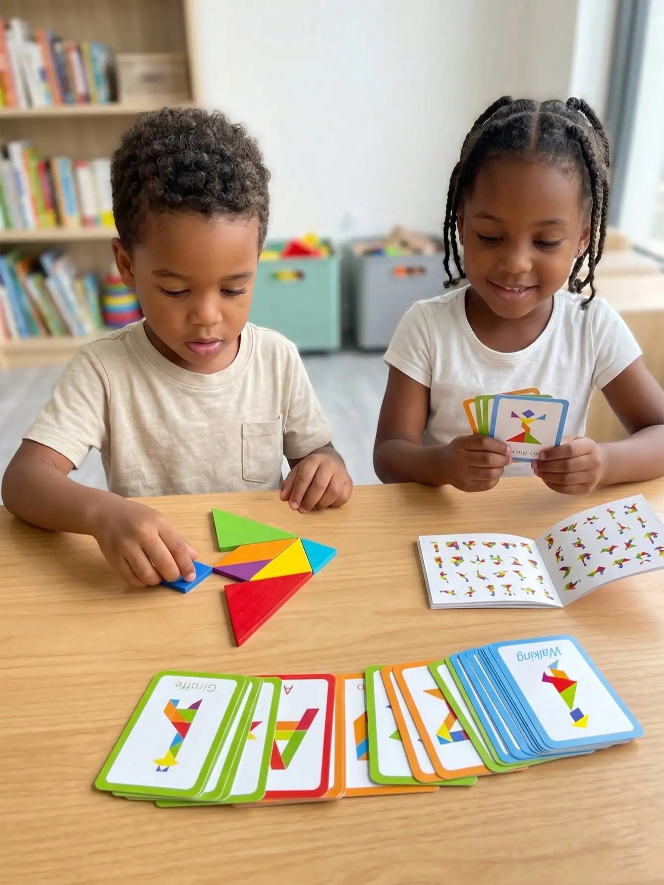 67pcs Wooden Tangram Puzzle Set, Includes 60 Double-Sided Cards, STEM The Plug