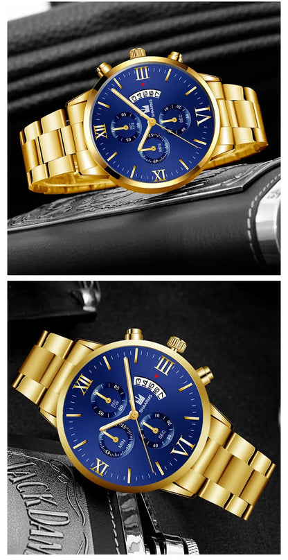 Men's Business Quartz Watch - Three-Eye Calendar, Stainless Steel Band
