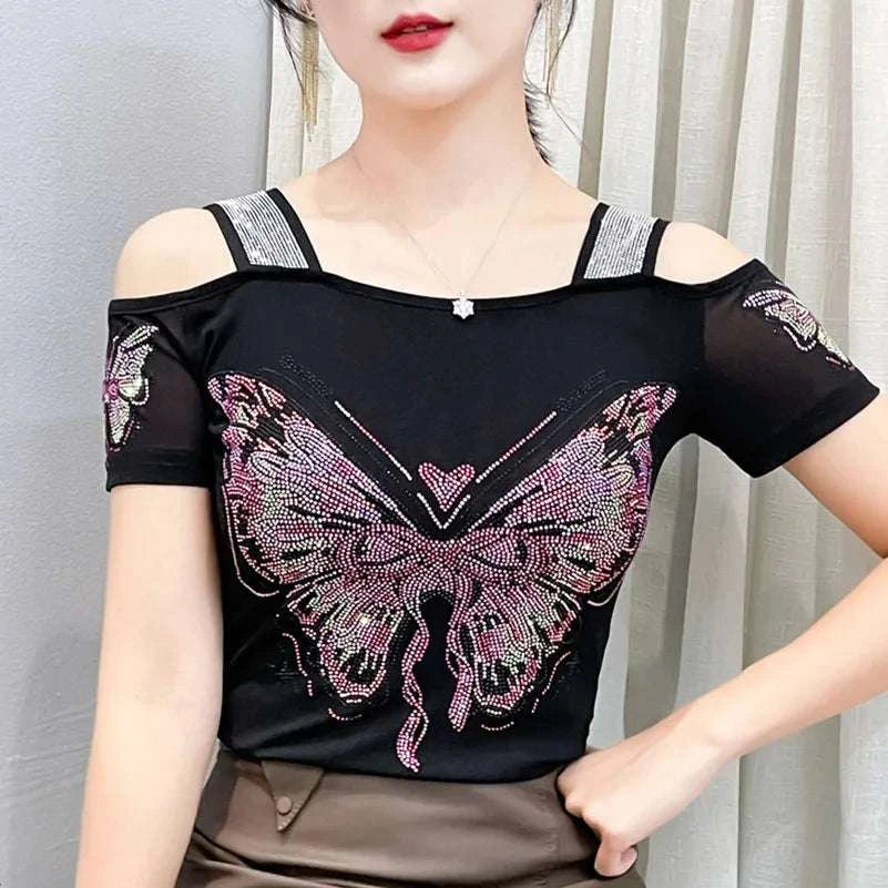 Streetwear Summer Women's Clothes T-Shirts Chic Flower Hot Diamonds LuThe Plug