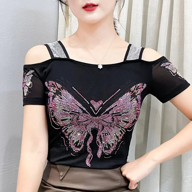 Streetwear Summer Women's Clothes T-Shirts Chic Flower Hot Diamonds Luxury Tees Sexy Girl Off Shoulder Slim Brand Tops