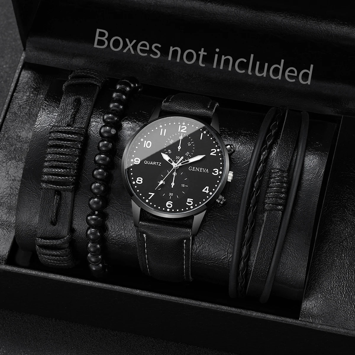Men's Fashion Quartz Watch & Leather Bracelet Set (4/5pc)
