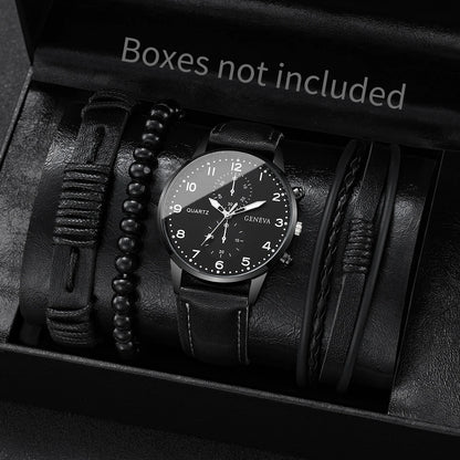 Men's Fashion Quartz Watch & Leather Bracelet Set (4/5pc)