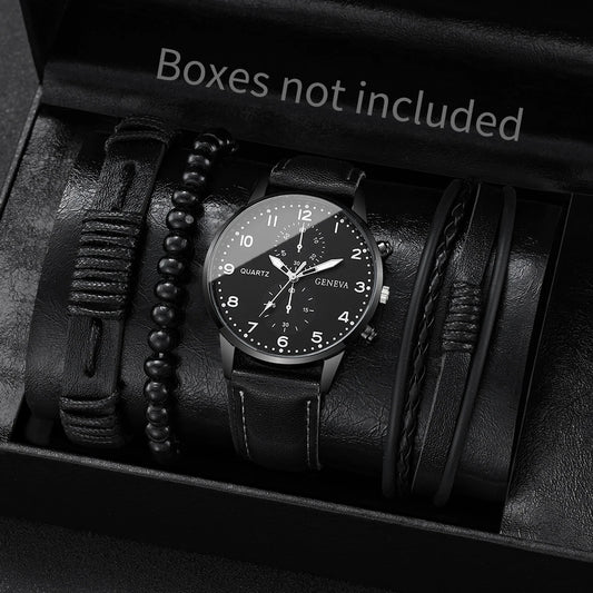 Men's Fashion Quartz Watch & Leather Bracelet Set (4/5pc)