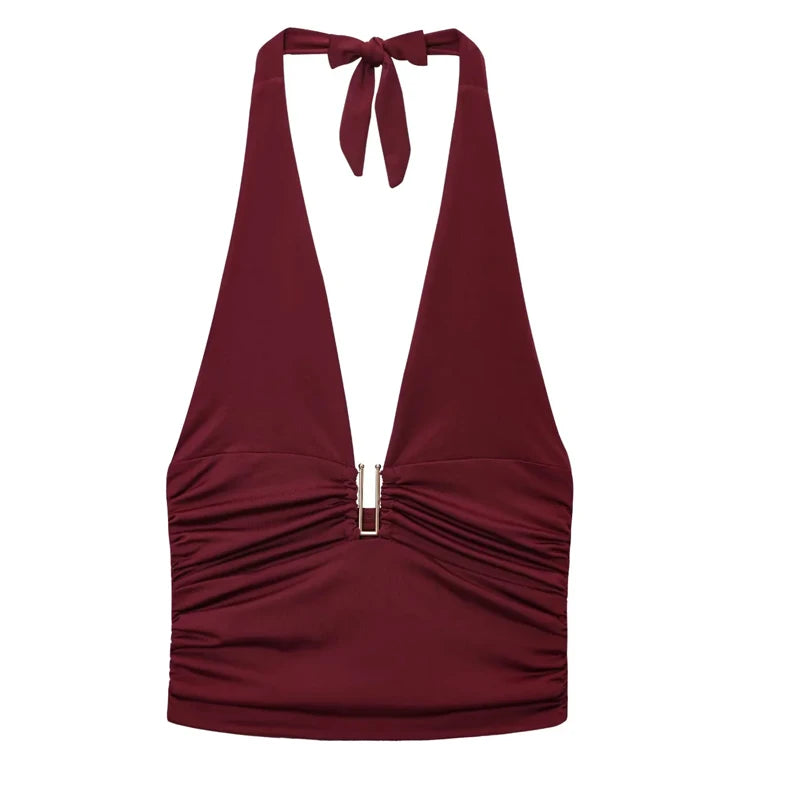 HXAO Women Tops Corset Halter Crop Top Woman Summer Pleated Tight Party Tops Ties Backless Sexy Top Off Shoulder Burgundy Top
