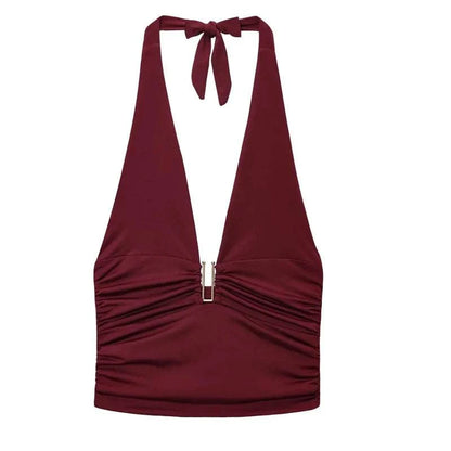 HXAO Women Tops Corset Halter Crop Top Woman Summer Pleated Tight PartThe Plug