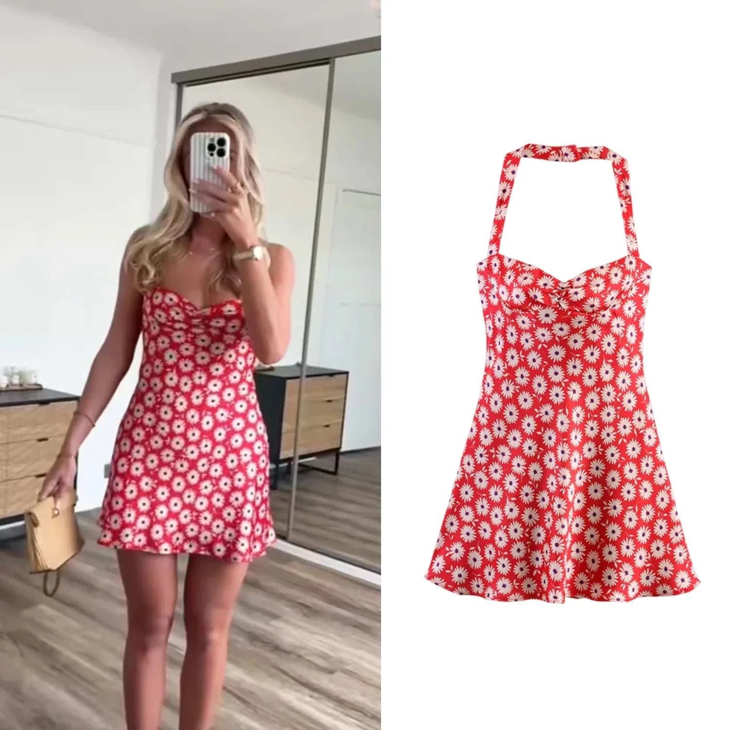 Women floral printed sleeveless strapless mini summer dress with A-line slim fit and backless design