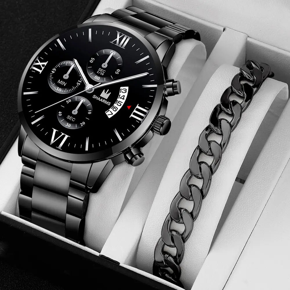 Men's Business Quartz Watch - Three-Eye Calendar, Stainless Steel Band