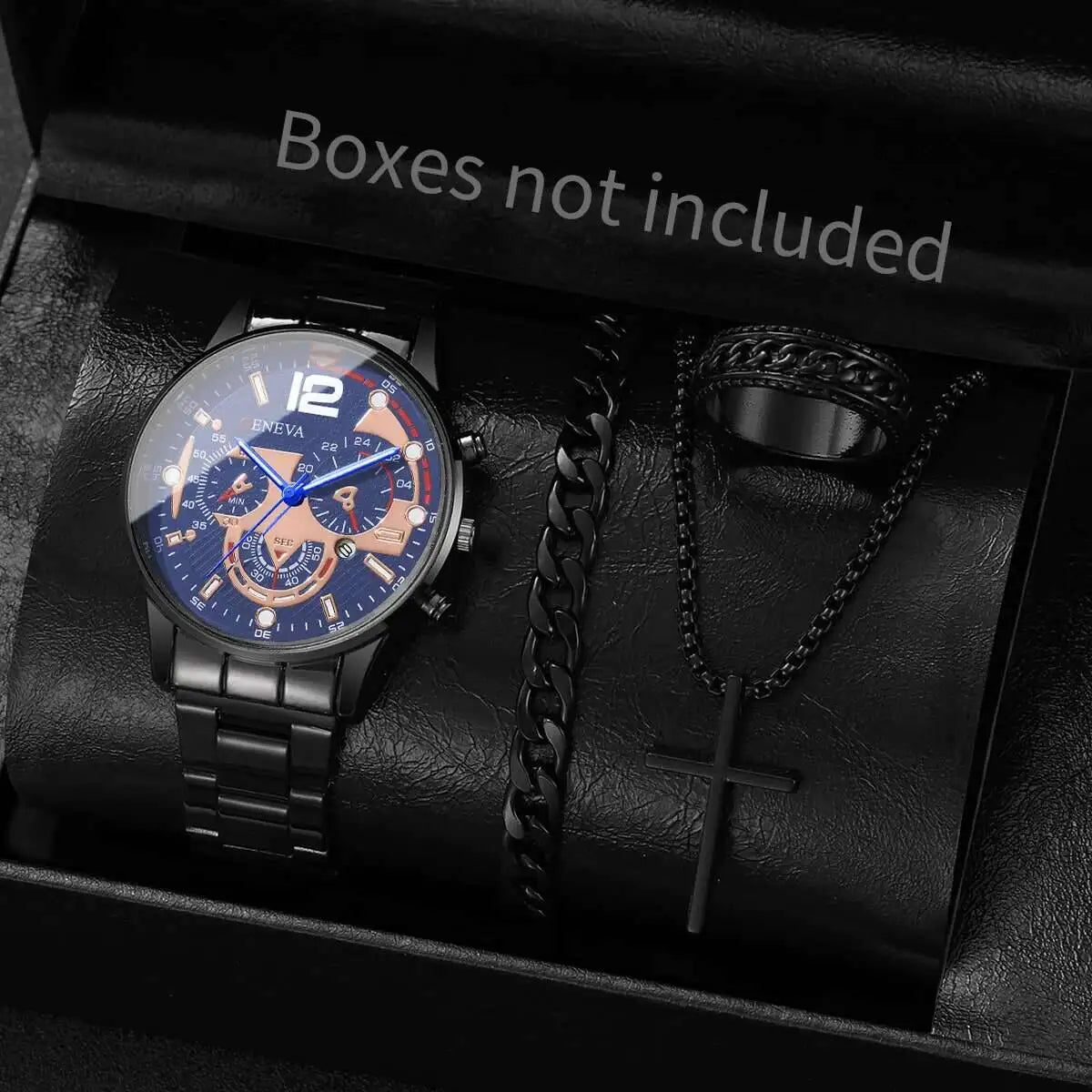 Men's 4pc Fashion Quartz Watch & Jewelry Set – Necklace, Bracelet & Ring
