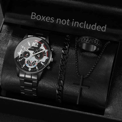 Men's 4pc Fashion Quartz Watch & Jewelry Set – Necklace, Bracelet & Ring