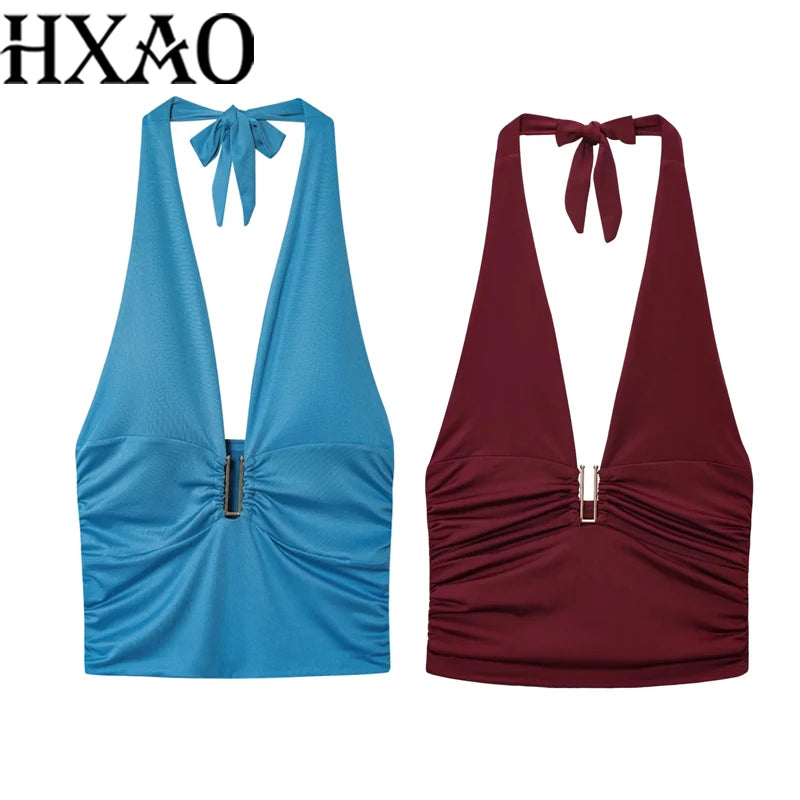 HXAO Women Tops Corset Halter Crop Top Woman Summer Pleated Tight Party Tops Ties Backless Sexy Top Off Shoulder Burgundy Top