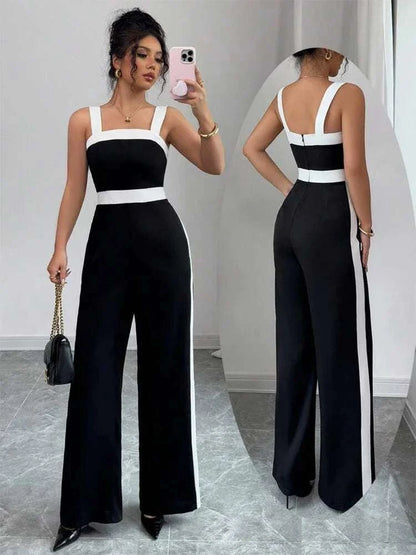 Women's Casual Black Jumpsuit White Contrast Trim Square Neck Great foThe Plug