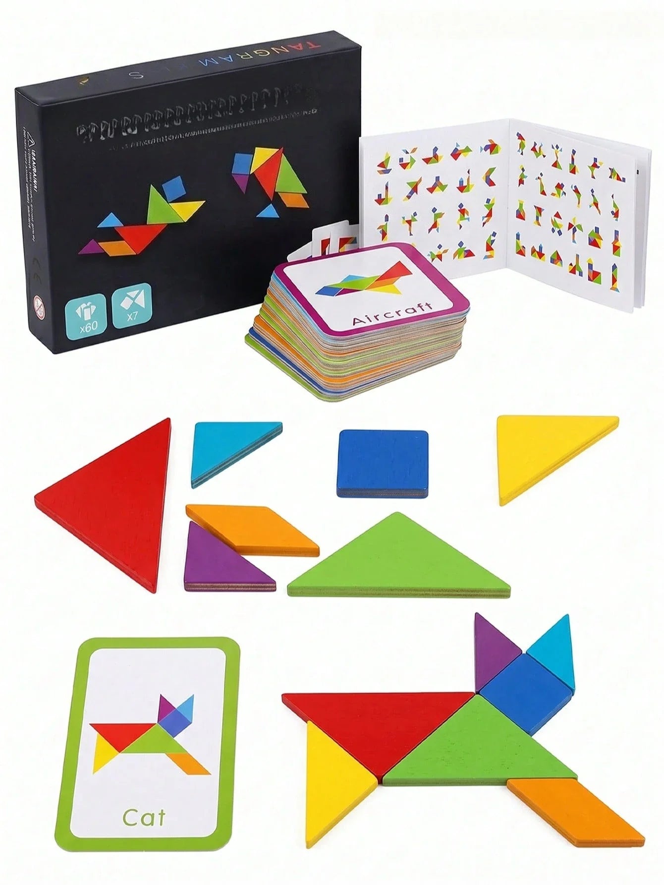 67pcs Wooden Tangram Puzzle Set, Includes 60 Double-Sided Cards, STEM The Plug