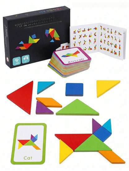 67pcs Wooden Tangram Puzzle Set, Includes 60 Double-Sided Cards, STEM The Plug