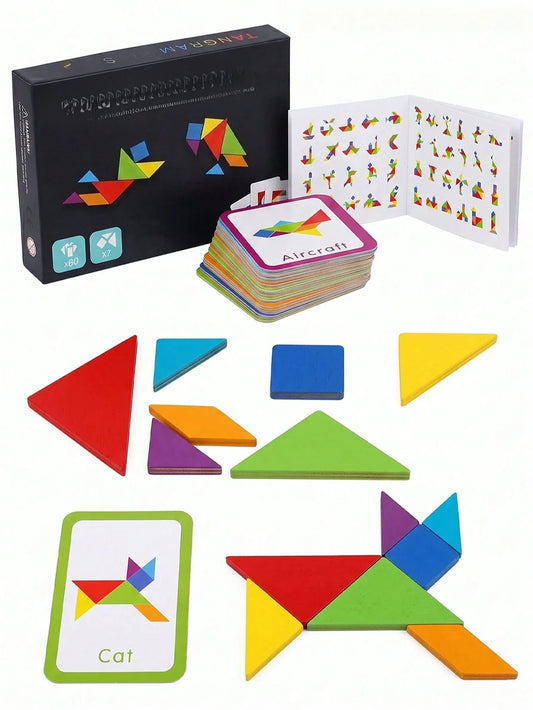 67pcs Wooden Tangram Puzzle Set, Includes 60 Double-Sided Cards, STEM The Plug