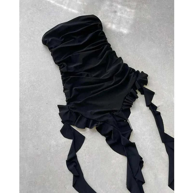 Women Strapless Sexy Floral Fold Hemline High Slit Mini Dress 2024 SolThe Plug