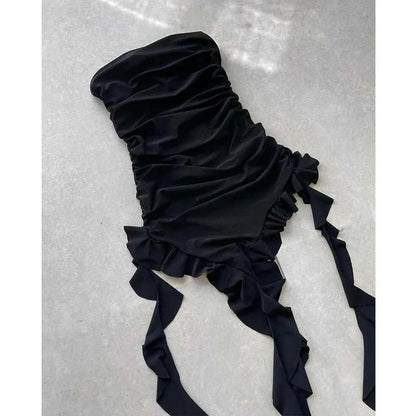 Women Strapless Sexy Floral Fold Hemline High Slit Mini Dress 2024 SolThe Plug