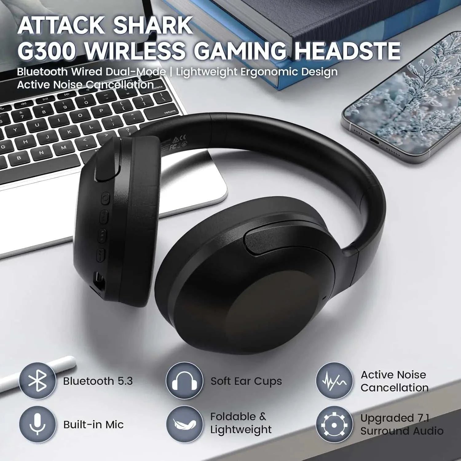 ATTACK SHARK G300 Wireless Bluetooth Headphone with ENC Noise CancellaThe Plug