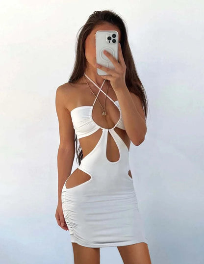 Kesiachiccly Double Layers Ruched Bodycon Dress Women Halter Bandage MThe Plug