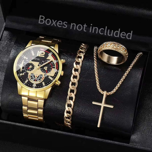 Men's 4pc Fashion Quartz Watch & Jewelry Set – Necklace, Bracelet & Ring