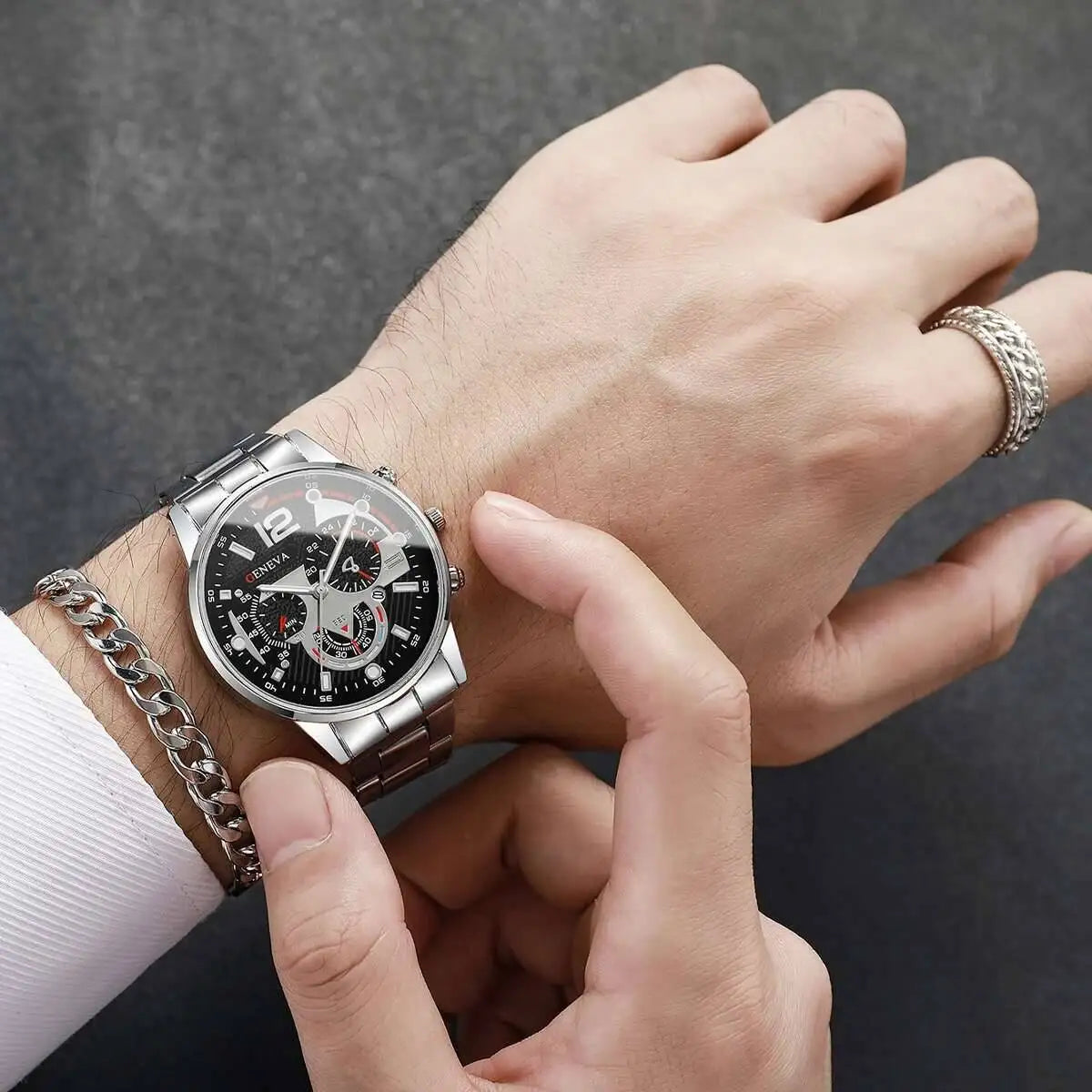 Men's 4pc Fashion Quartz Watch & Jewelry Set – Necklace, Bracelet & Ring