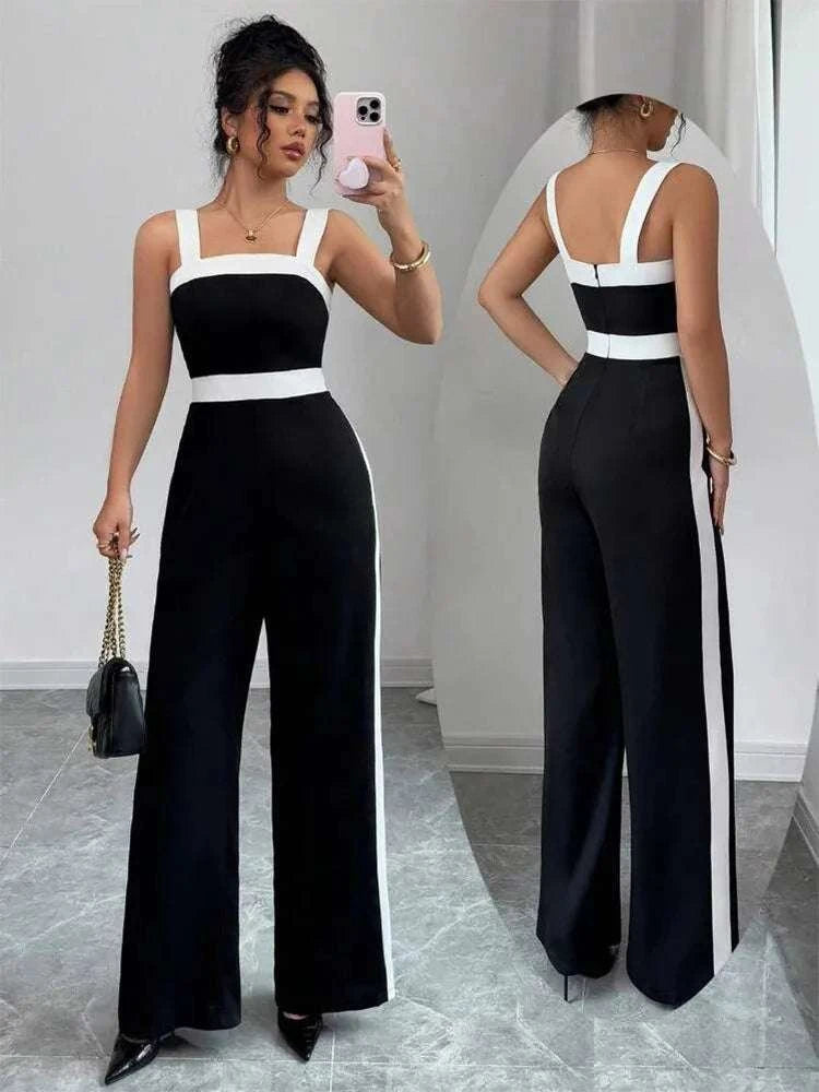 Women's Casual Black Jumpsuit White Contrast Trim Square Neck Great foThe Plug