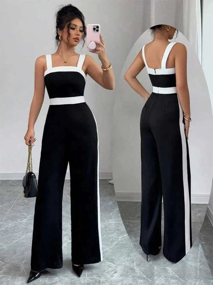 Women's Casual Black Jumpsuit White Contrast Trim Square Neck Great foThe Plug