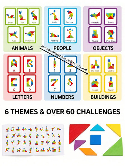 67pcs Wooden Tangram Puzzle Set, Includes 60 Double-Sided Cards, STEM The Plug