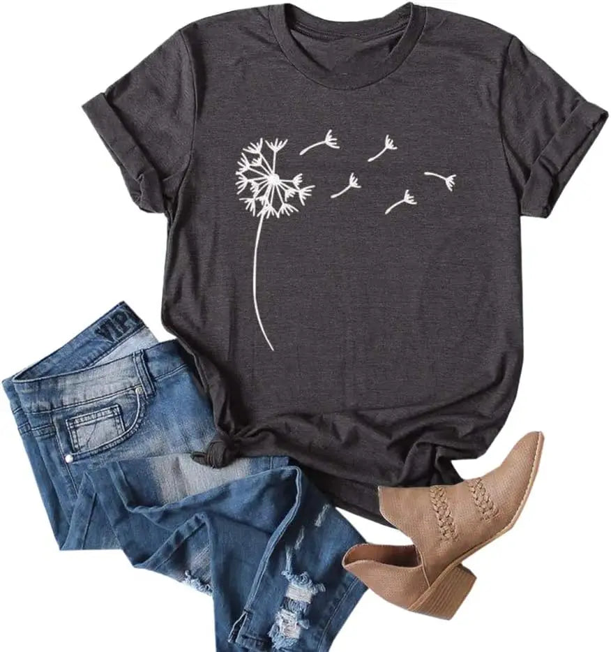 Women's Dandelion Print T Shirts Cute Graphic Tees Short Sleeve SummerThe Plug