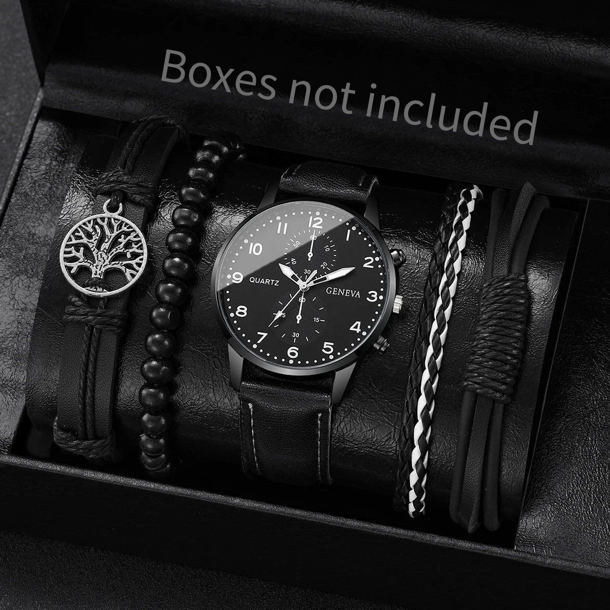 Men's Fashion Quartz Watch & Leather Bracelet Set (4/5pc)