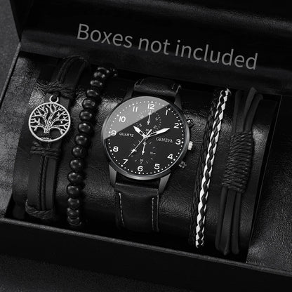 Men's Fashion Quartz Watch & Leather Bracelet Set (4/5pc)