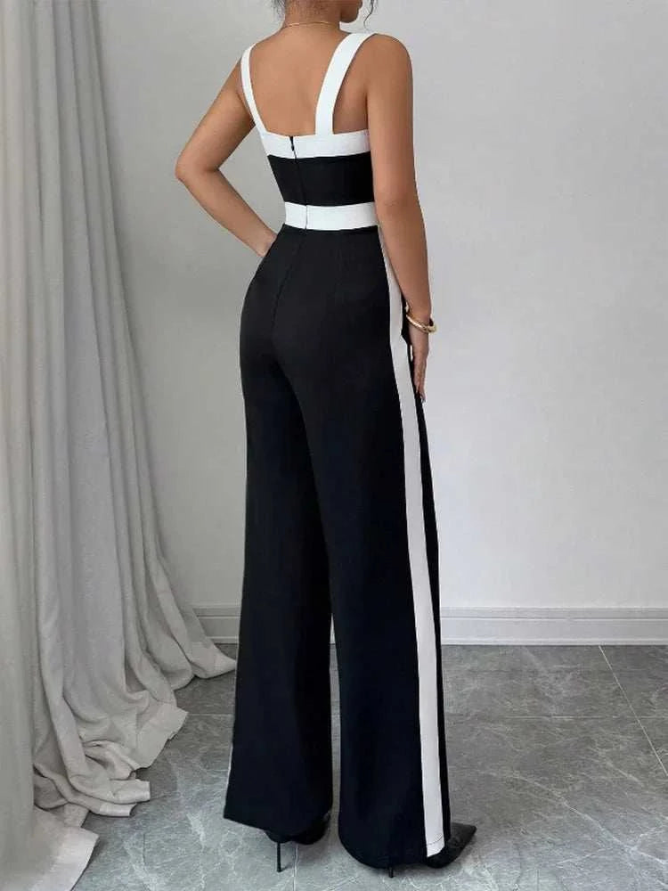 Women's Casual Black Jumpsuit White Contrast Trim Square Neck Great foThe Plug