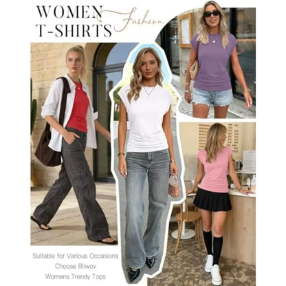 Bliwov Womens Summer Tops Cap Sleeve Crew Neck T Shirts Spring Trendy The Plug