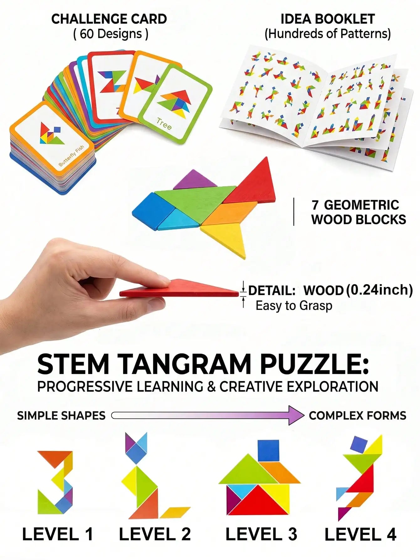 67pcs Wooden Tangram Puzzle Set, Includes 60 Double-Sided Cards, STEM The Plug