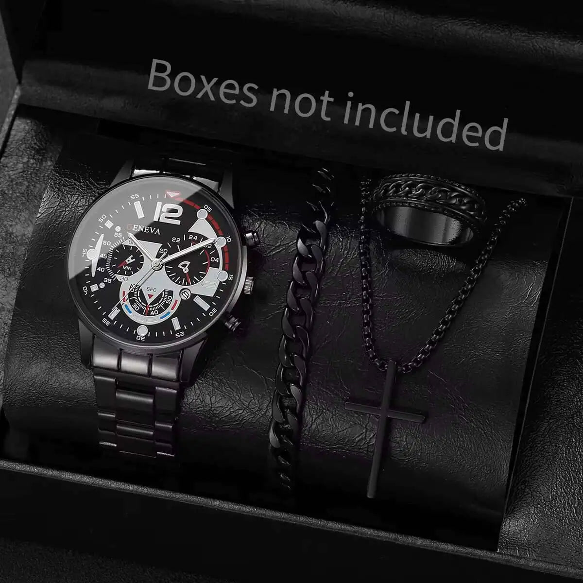 Men's 4pc Fashion Quartz Watch & Jewelry Set – Necklace, Bracelet & Ring